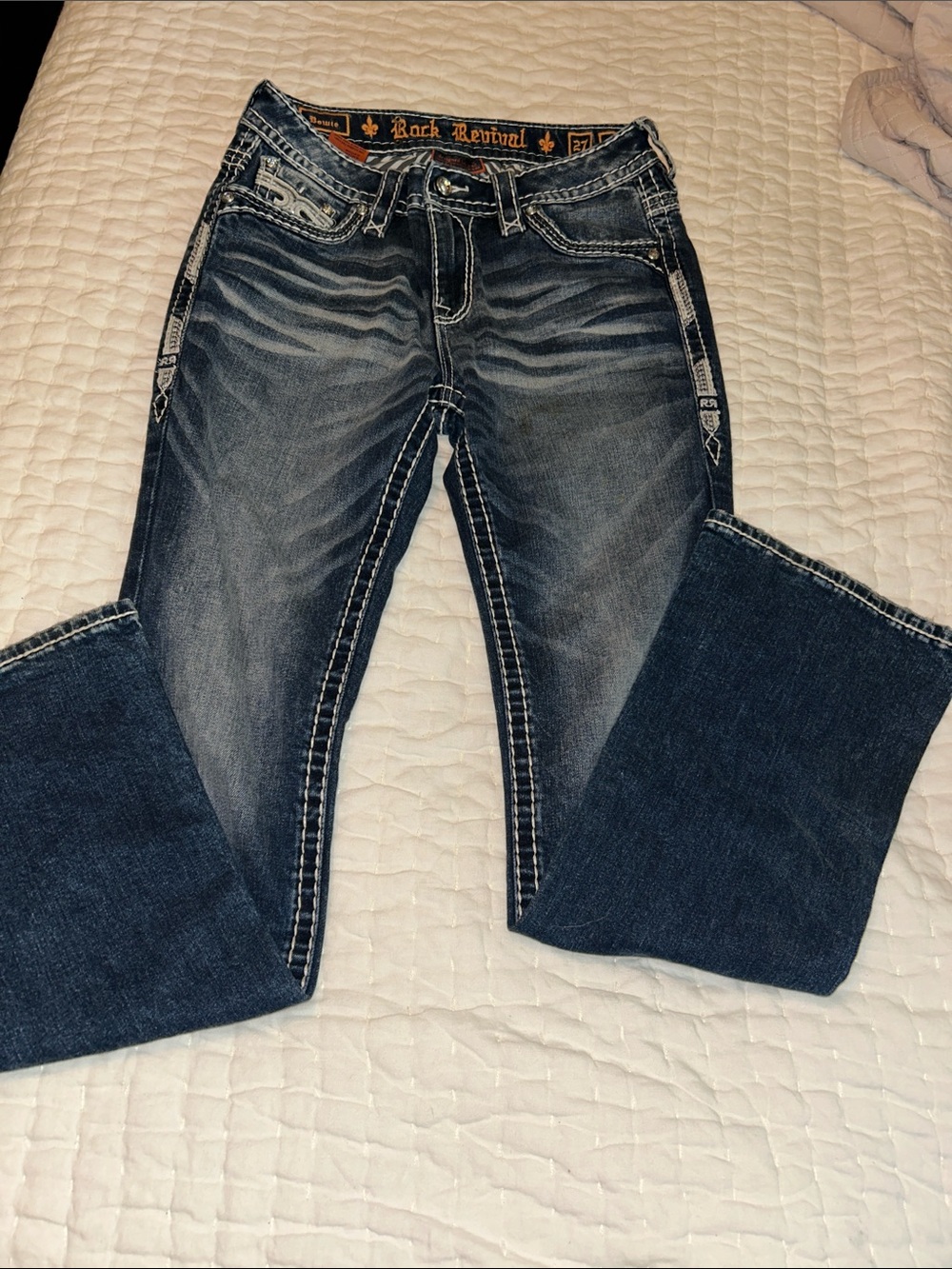 Rock Revival Distressed Dark Blue Bootcut Jeans Boot cut Bowie